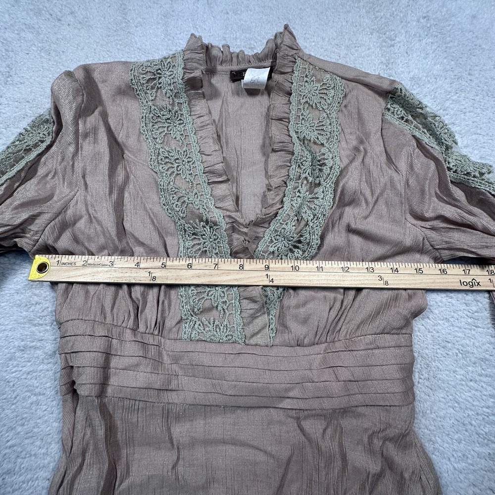 Y2K Empire Waist Blouse Women's Medium Feline‎ Tan Lace Detail Shirt Elastic - Picture 5 of 9
